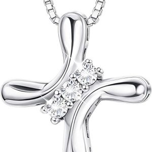 925 Sterling Silver Cross Necklace for Women 3 Stone Cubic Zirconia Silver Cross Pendant Necklaces with 1 MM Box Chain,18 Inches