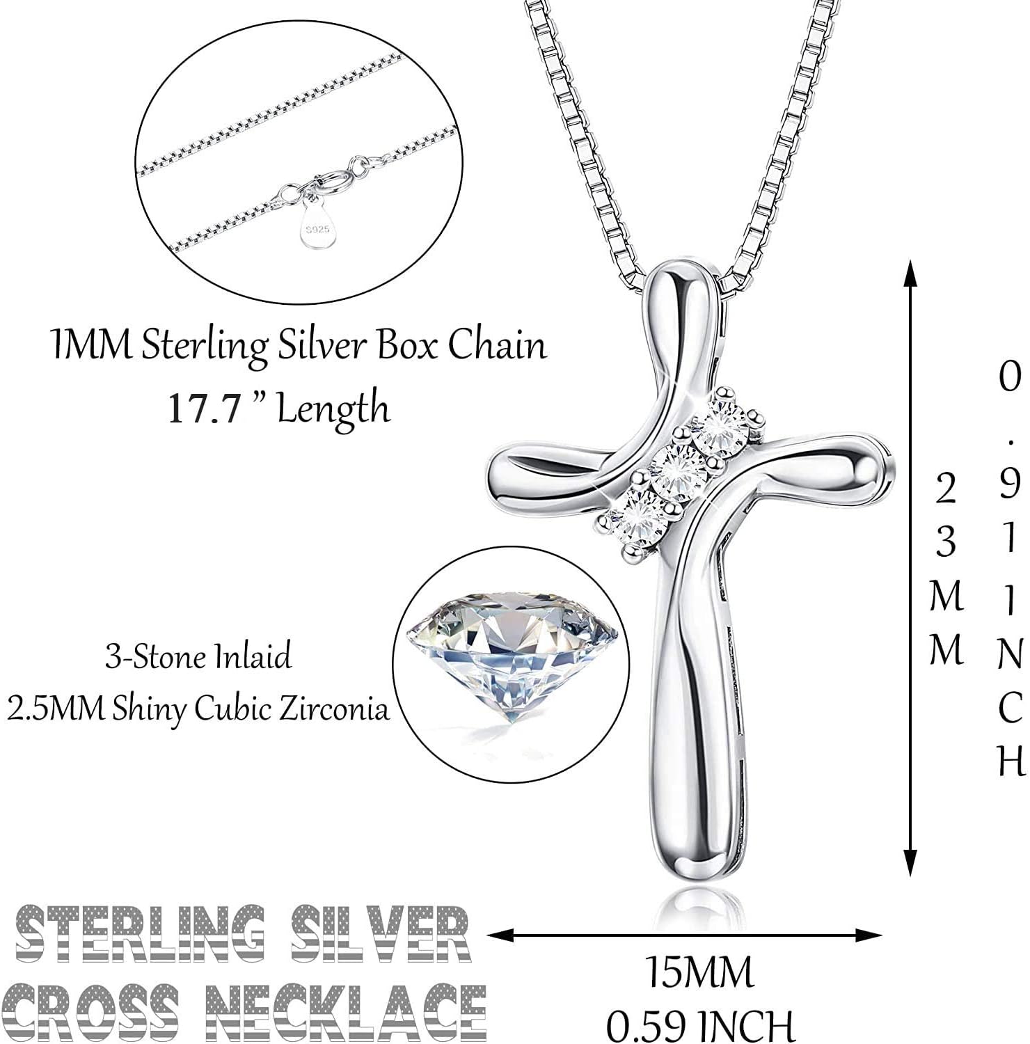 925 Sterling Silver Cross Necklace for Women 3 Stone Cubic Zirconia Silver Cross Pendant Necklaces with 1 MM Box Chain,18 Inches - Image 2
