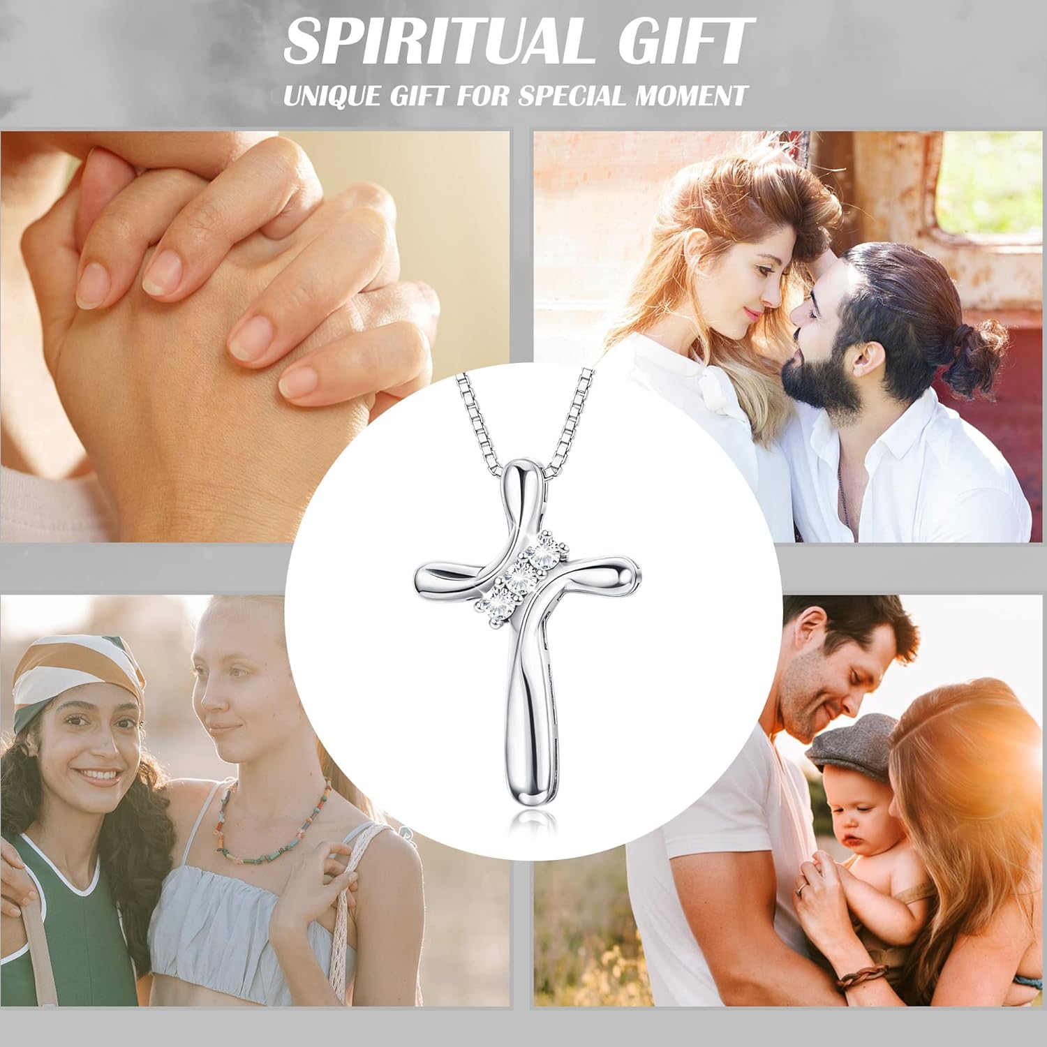 925 Sterling Silver Cross Necklace for Women 3 Stone Cubic Zirconia Silver Cross Pendant Necklaces with 1 MM Box Chain,18 Inches - Image 4