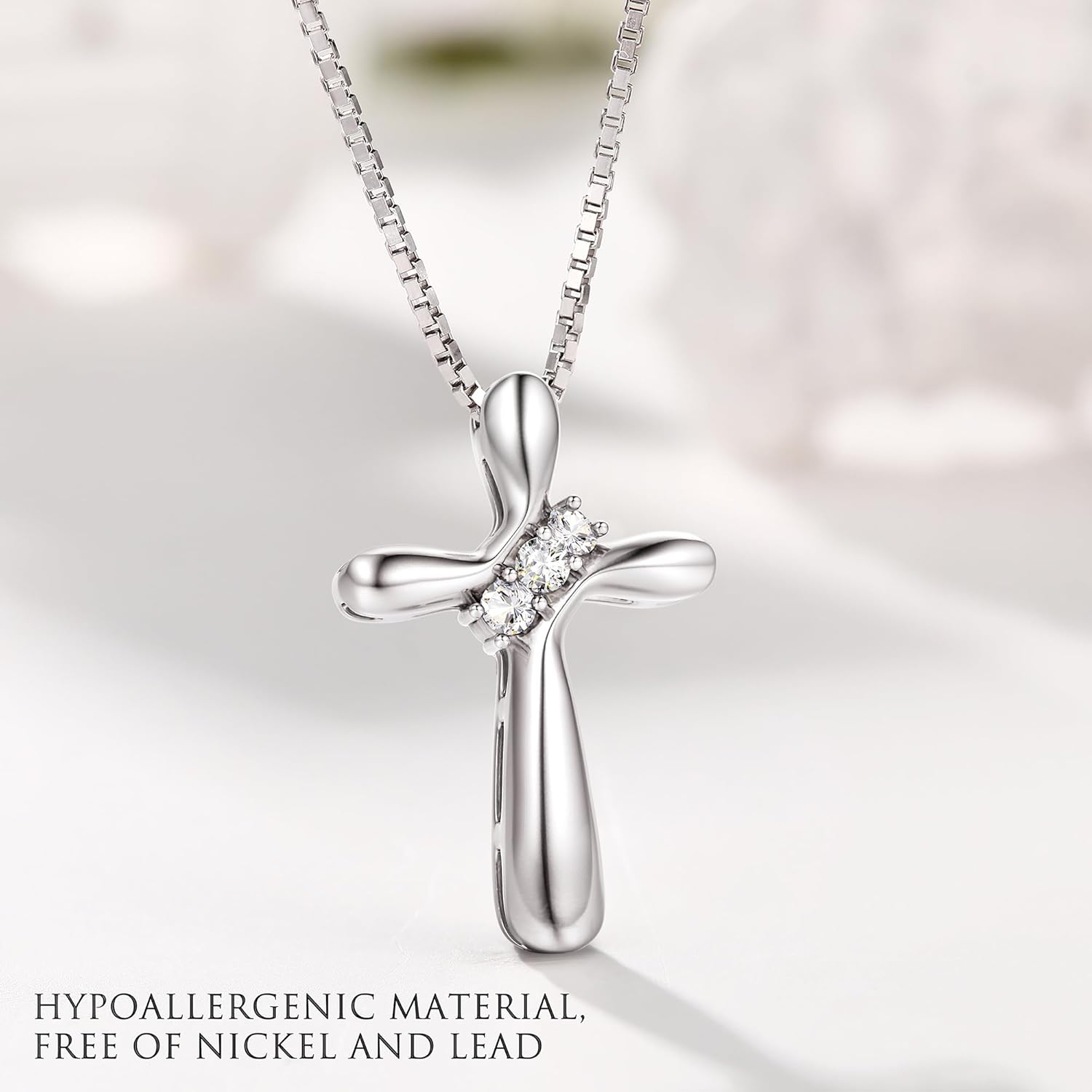 925 Sterling Silver Cross Necklace for Women 3 Stone Cubic Zirconia Silver Cross Pendant Necklaces with 1 MM Box Chain,18 Inches - Image 5