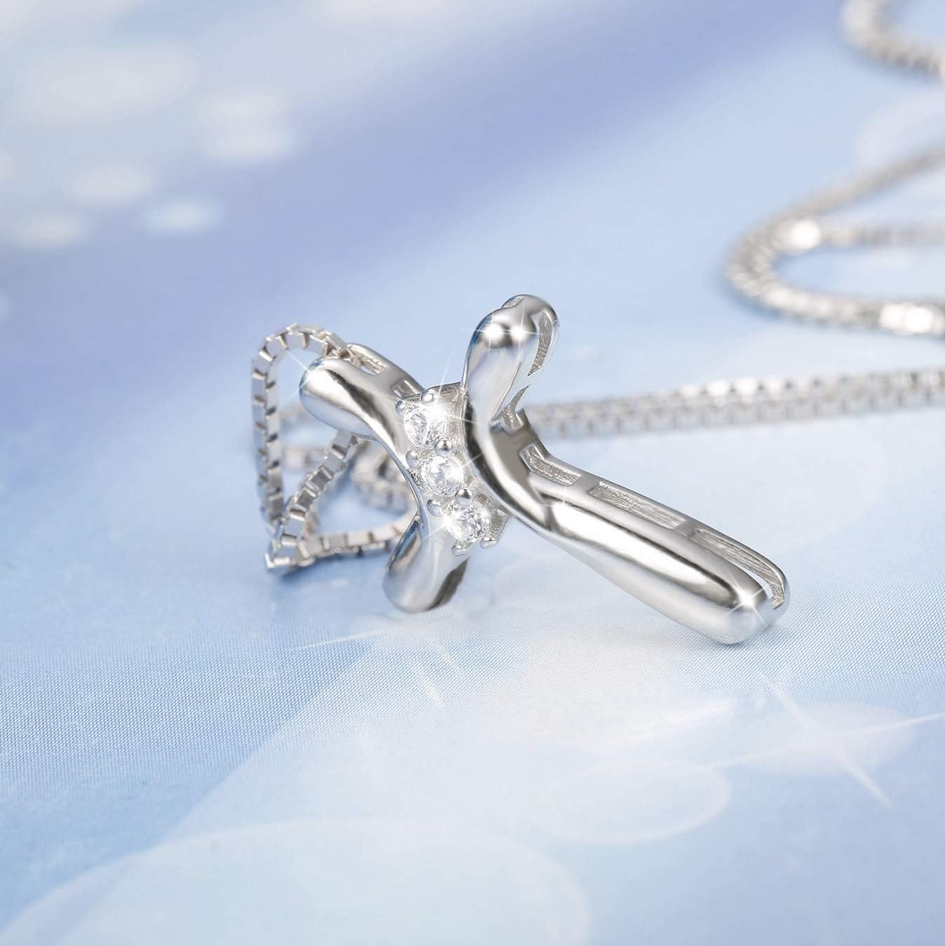 925 Sterling Silver Cross Necklace for Women 3 Stone Cubic Zirconia Silver Cross Pendant Necklaces with 1 MM Box Chain,18 Inches - Image 7